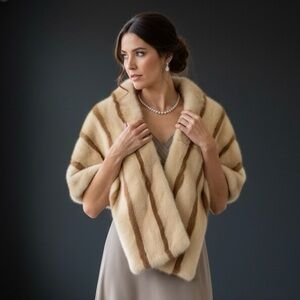 Vintage Mink Fur Stole, 2-Tone Blond Mink & Brown, Brocade Lining. Elegant Style